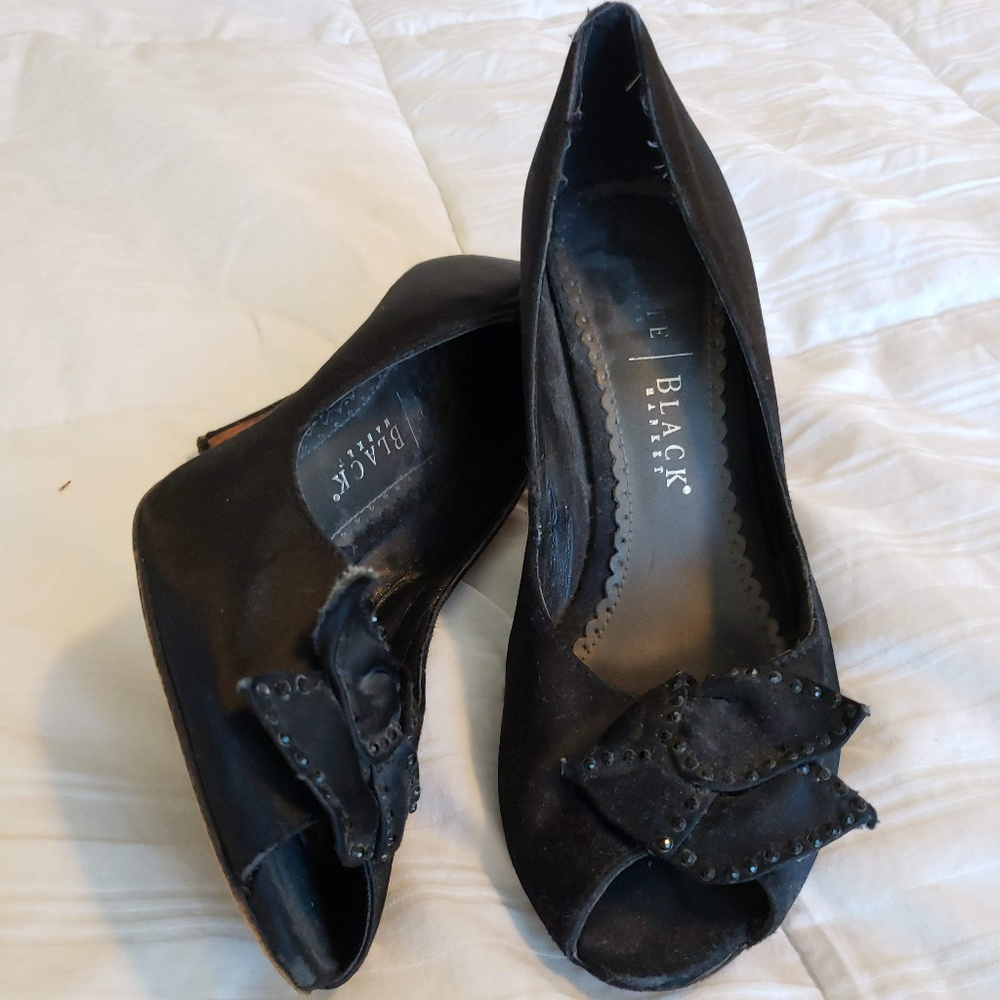 WHBM Black Peep Toe Satin Pumps with Flower